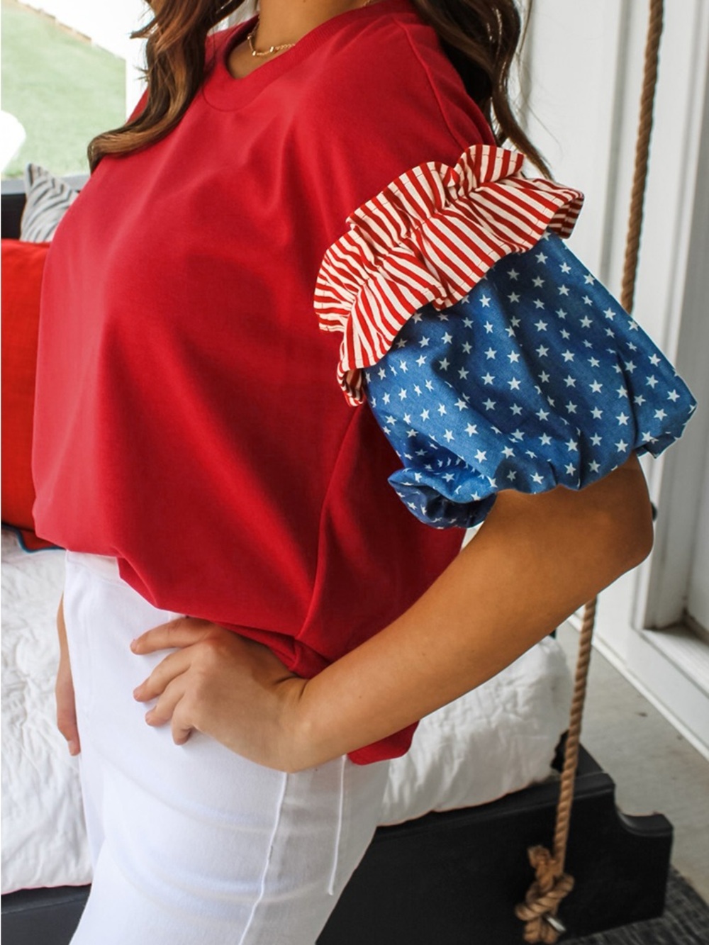 Stars & Stripes Ruffle Sleeve Women's Top in Red - Picture 6 of 9